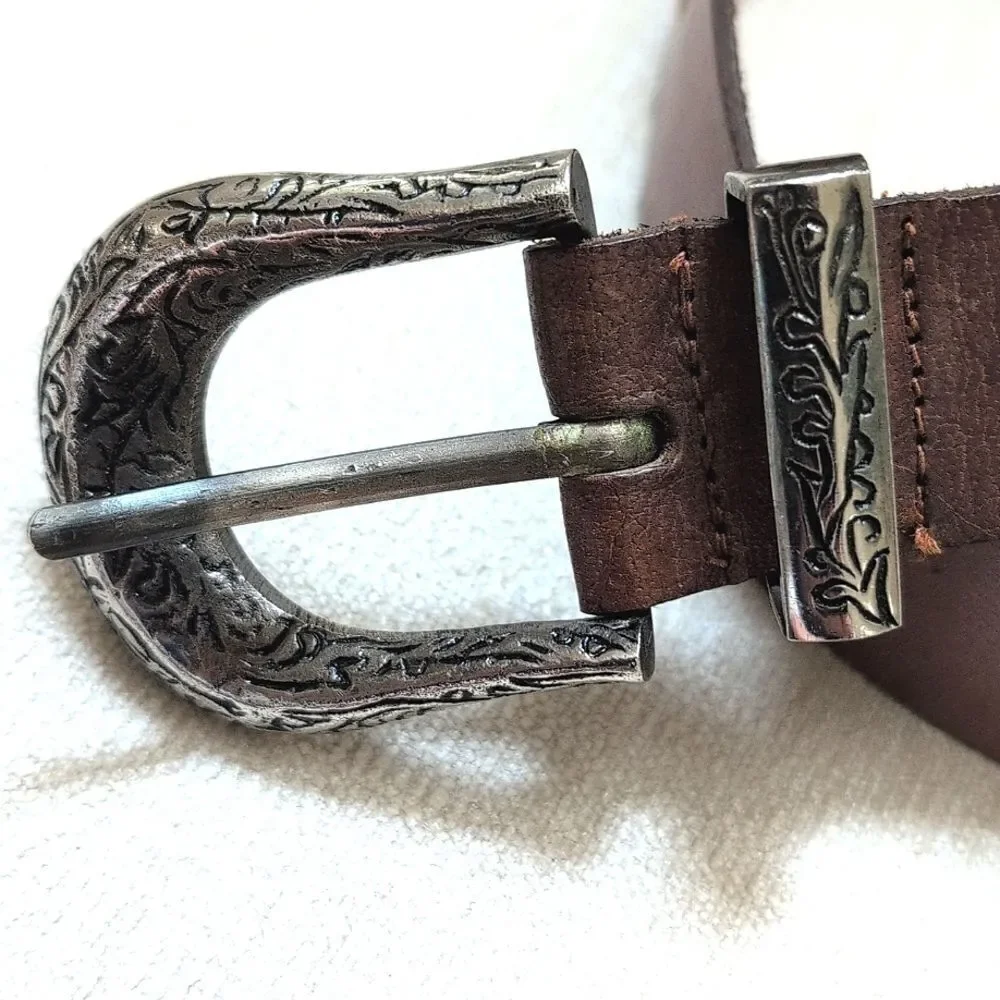 Brown Leather Belt with Cabachon Stone Medallions & Silver Scroll Work Buckle